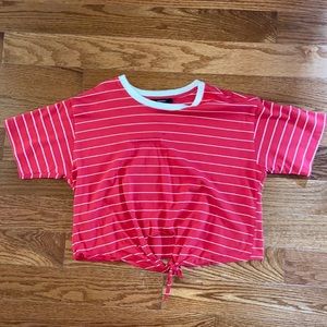 Red striped top with tied knot at the front